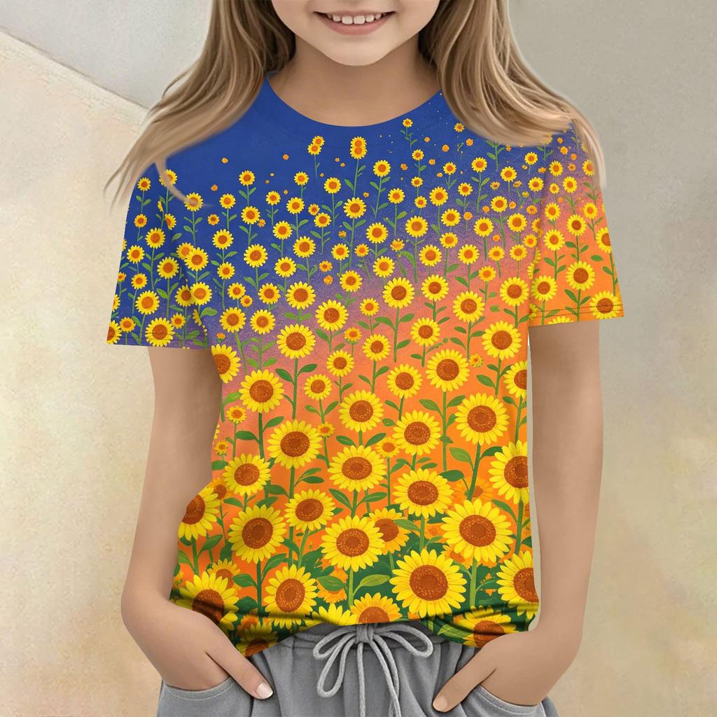 Girls Floral Print Crew Neck Short Sleeve Casual Loose Fit T Shirt Comfortable Lightweight Breathable Fabric Summer Wear