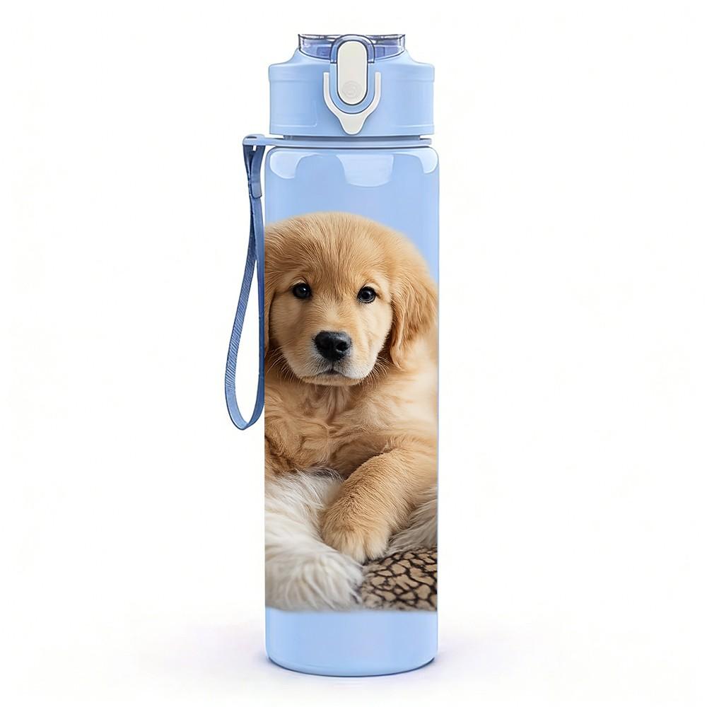 1PC Sleepy Puppy Fluffy Dog Print 750ml Color Plastic Sports Water Bottle Leakproof Flip Straw Lid Suitable for Sports Office Home Use