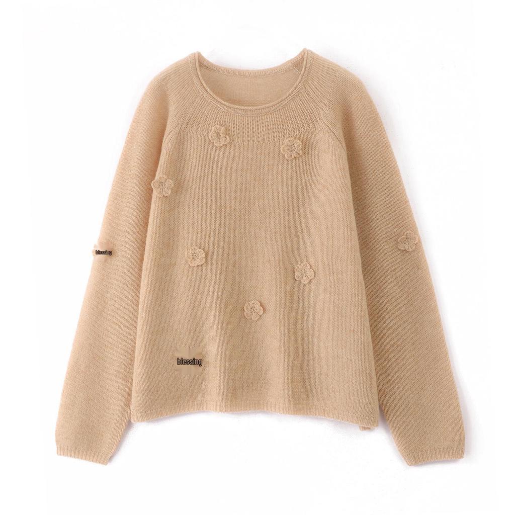 2026 Women's Pure Wool Sweater with 3D Floral Embroidery, Round Neck, Loose Fit, Elegant Knitwear