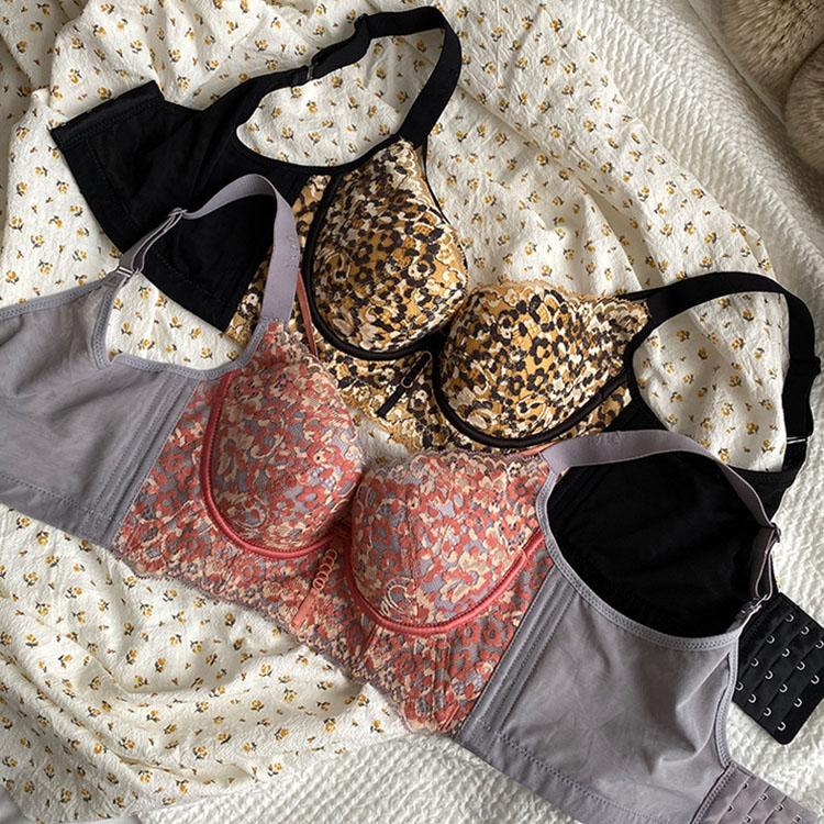 Leopard Lace Bra for Women Sexy Gather and Adjustment Bra Push Up Bra Wide Back Strap Invisible Bra Fancy Underwear
