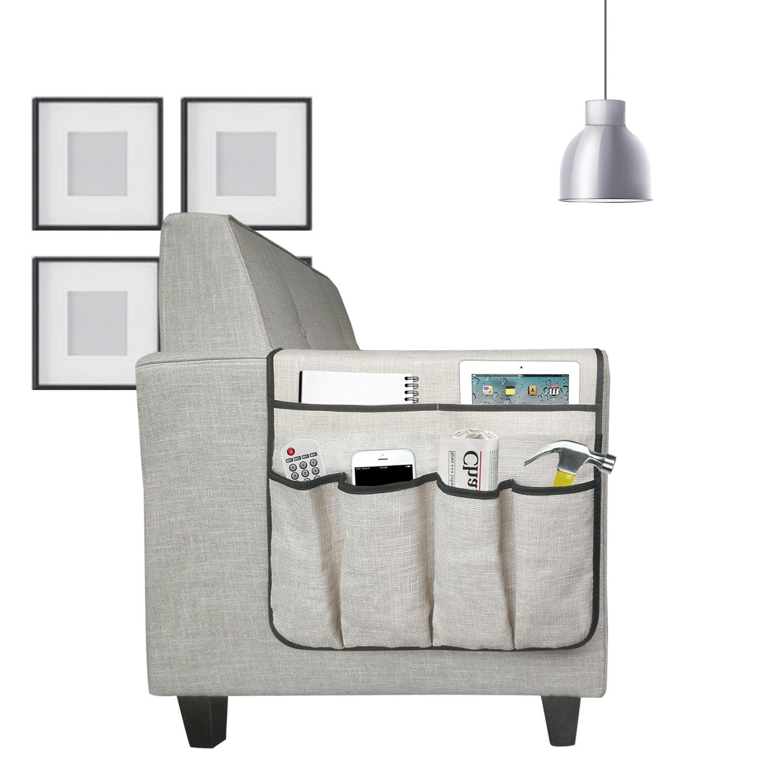Большой органайзер для дивана, органайзер Caddy, нескользящий держатель для пульта дистанционного управления телевизором, сумка для хранения подлокотника для дивана, 19,7 * 35 дюймов, серый бежевый