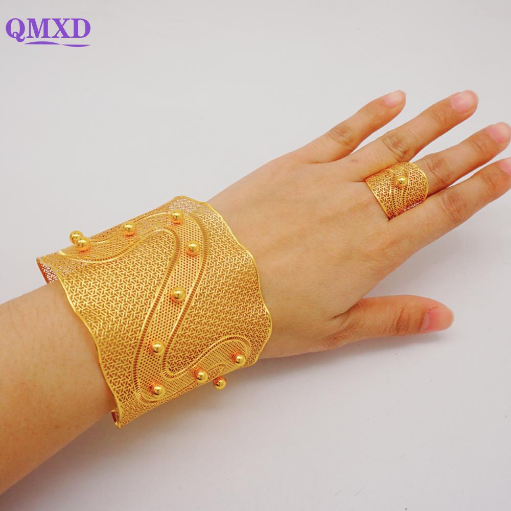 Dubai Gold Color Bangle With Ring For Women Charm Chain Cuff Bracelet Indian Bracelet Arabic France Bridal Wedding Jewelry Gifts