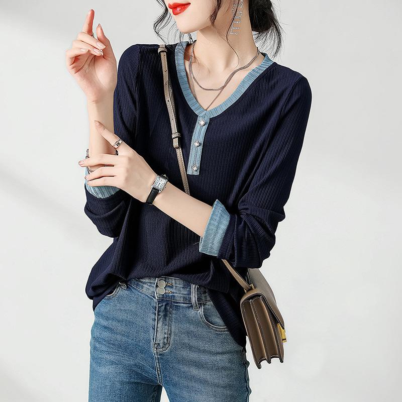 Autumn V-neck Slim Women's T-shirt with Bottoming Knitted Tops for Women