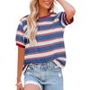 Womens Striped Contrast Color Loose Round Neck Short Sleeve Casual T Shirt