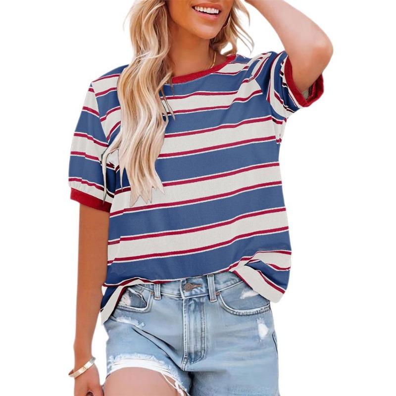 Womens Striped Contrast Color Loose Round Neck Short Sleeve Casual T Shirt