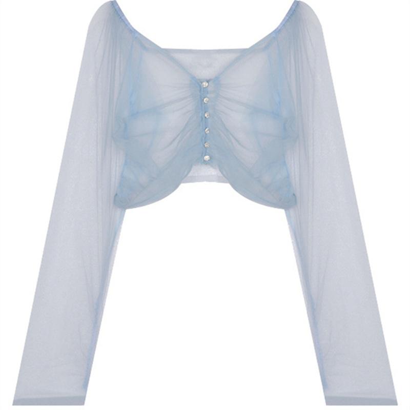 Nový sexy temperamentní dvoudílný oblek Dámská jarní a letní móda Síťovaná perspektiva Košile na opalování s výstřihem do V Modrá smyčka