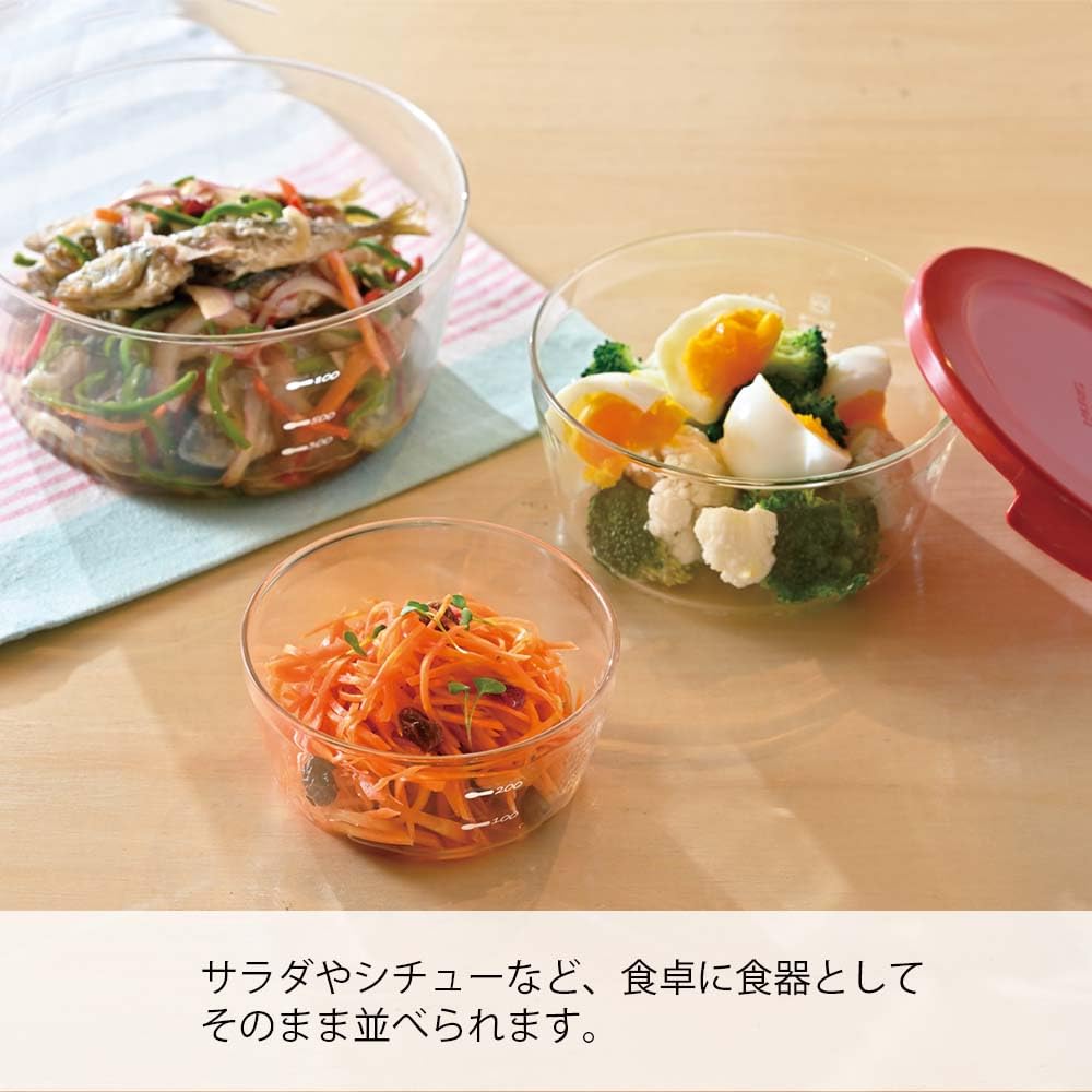 HARIO Glass Storage Dishwasher Made in Set of 3 Heat-Resistant Containers, Round, S/M/L Sizes, Red, Safe, Japan, MST-3018-R,