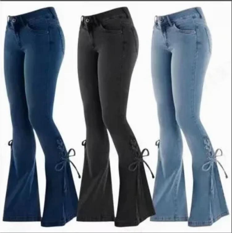 Flare Pants for Women Vintage Jeans Lace Up Stretch Mid Waist Skinny Distressed Washed Streetwear Female Denims Trousers