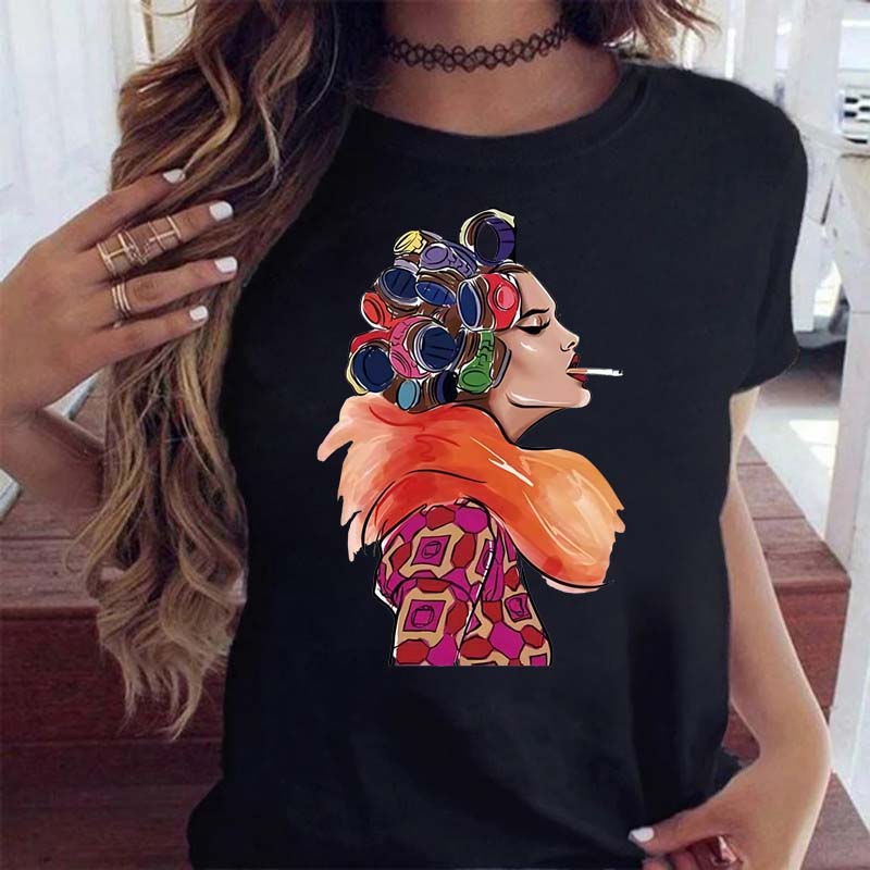 Women T Shirt Fashion Casual Female Print Shirt Loose Women Oneck Tops Harajuku 90s Girls Kawaii T Shirt Korean Style Clothes