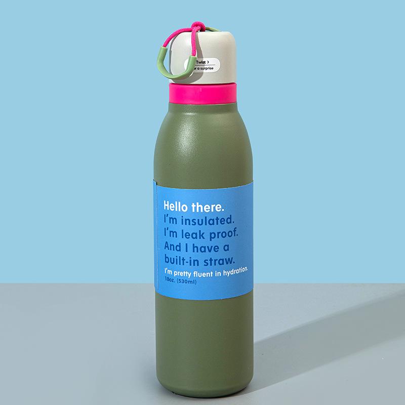 Customizable Logo BPA-Free Vacuum Flask Double Wall Stainless Steel Water Bottle Camping with Sip Straw & Handle