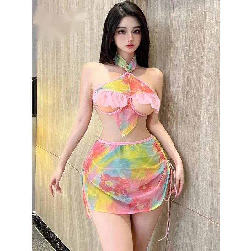 Color Sweet Tank Mini Dress Sexy Women New Backless Cheongsam Uniform Temptation Sheer Print Dress Elegant 2025 New Tops DE58