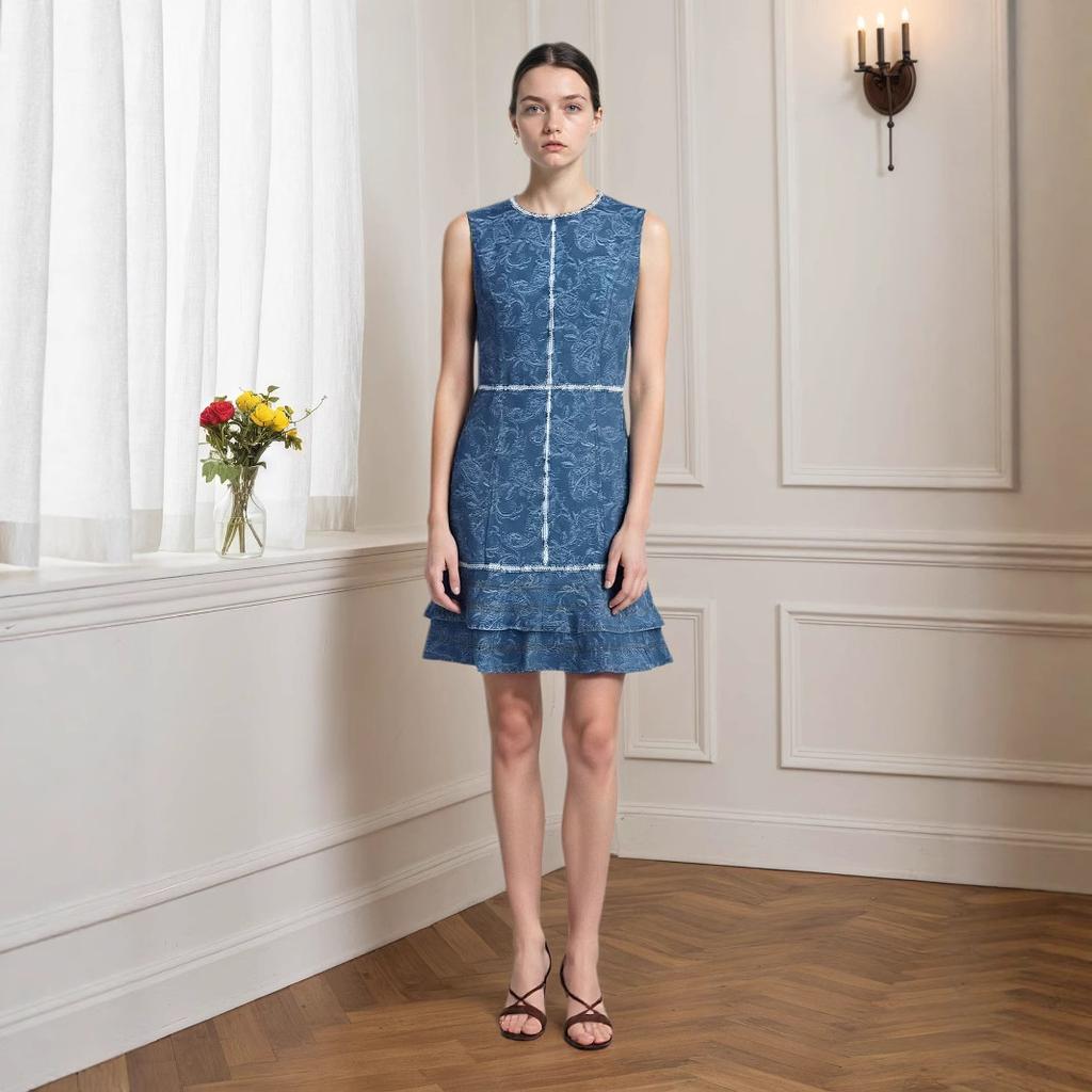 European and American Fashion Cross-border Women's Denim Dress, Sleeveless Design Blue and White Printed Element Denim Blue Dress