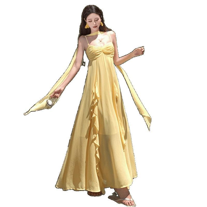 Sexy Backless Long Dress Seaside Vacation Dress Travel Wear Photo Dress Ruffle Edge Beach Dress