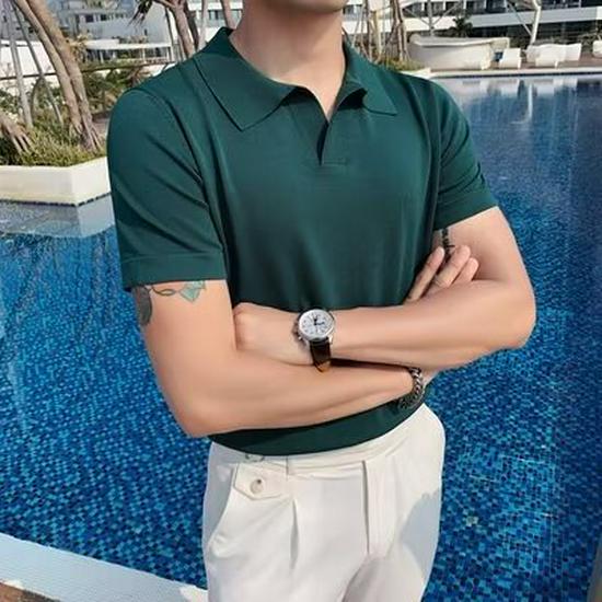 Men's Summer Ice Silk Knitted Slim Fit Polo Shirt - Short Sleeve, Pure Color, Casual Lapel T-shirt