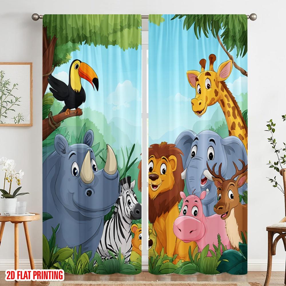 Set Of 2 Flat Printing Party Curtain Cute Cartoon Safari Animals Polyester Without Electricity Festive Holiday Perfect Home