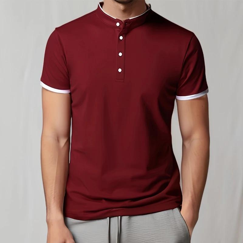 2026 Men's Casual and Fashionable Solid Color Short Sleeved Stand Up Collar T-shirt Summer Versatile and Comfortable Top