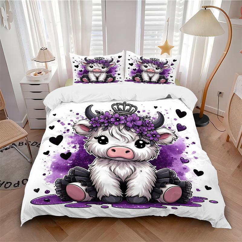 3pcs Purple Crown Cow Printed Quilt Set - Soft and Comfortable Quilt Cover for Bedroom, Guest Room and Dormitory Decorative Bedding Set 1 Du