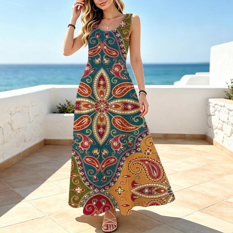 Women's Casual Sleeveless Paisley Print Maxi Dress,Loose Fit Vintage Multicolor,Comfortable for Daily Beach & Casual Outings,Versatile Stylish Wear