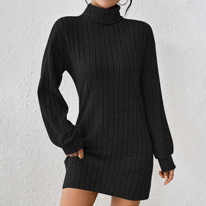 Women Autumn Winter Turtleneck Long Sleeve Dress Knee Length Top