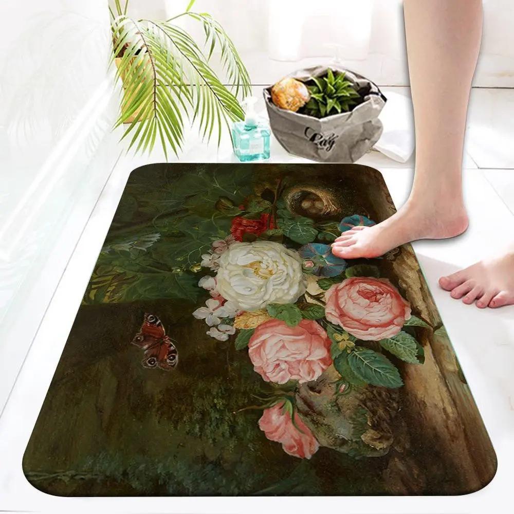 Retro floral oil painting printed non-slip absorbent bathroom rug entrance door mat home bedroom decor 40x60cm