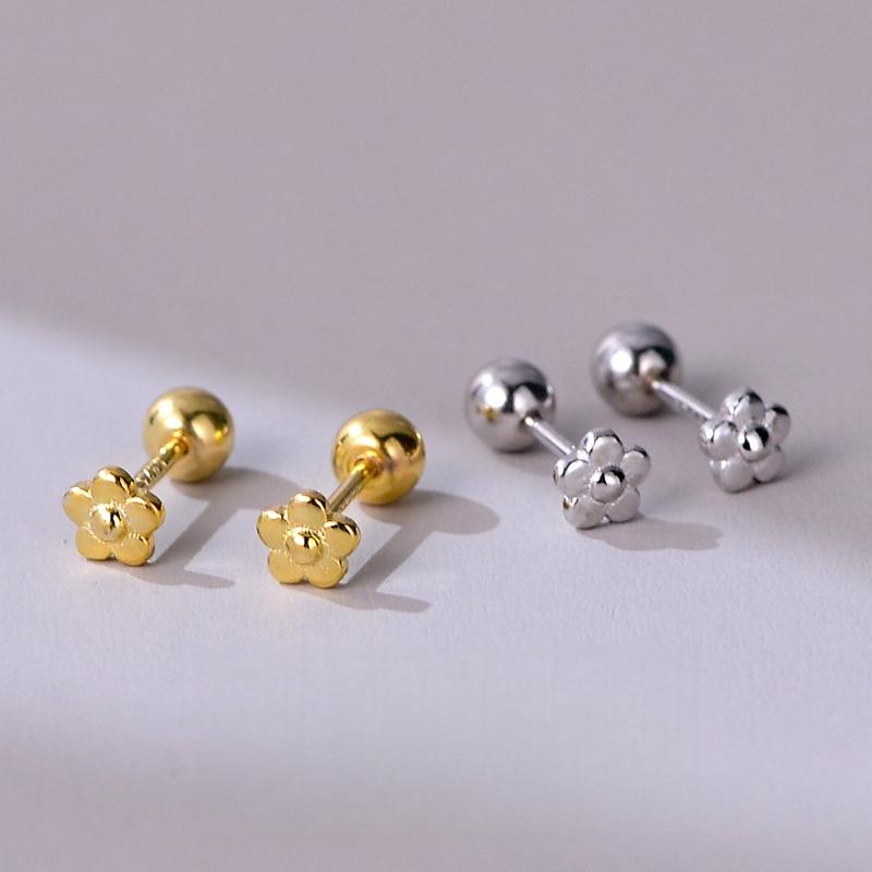 

S925 Sterling Silver Glossy Minimalist Mini flower Shaped Screw Bead Earrings for Women Cute Exquisite Korean Ear Accessories Silver