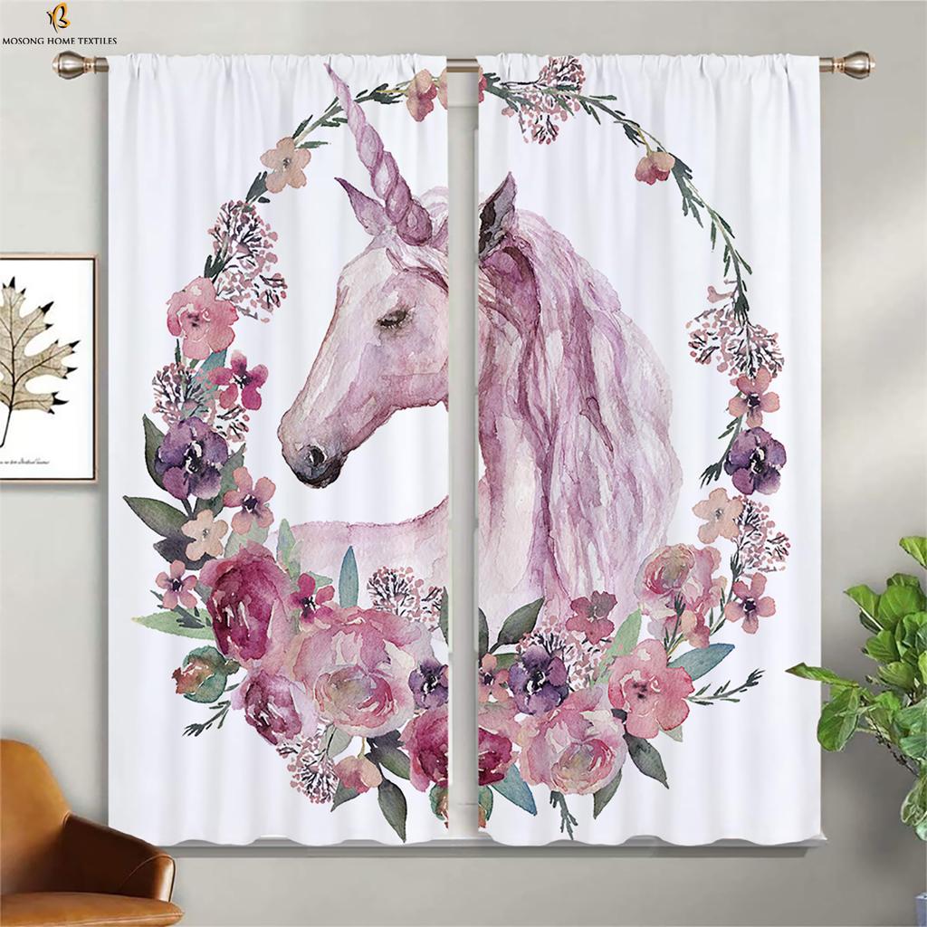 Cute Cartoon Unicorn Curtains Children's Room Window Decoration Curtains Suitable For Bedroom Living Room Kitchen Curtains 2 PCS