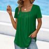 Summer Women's Pleated Square Neck Solid Color Loose Short Sleeve T-Shirt Top