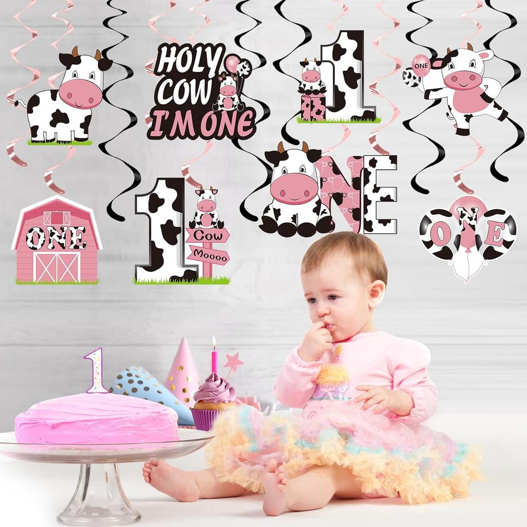 Holy Cow Im One Birthday Decorations Hanging Swirl for Baby Girl, Pink Cow First Birthday Foil Swirls Party Supplies, Baby 1st Bday Cow Theme Ceiling