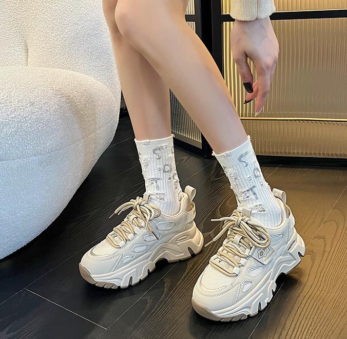 Fashion Platform Sneakers Women Suede Leather Patchwork Fabric Round Toe Mixed Color Lace-Up Chunky Sole Ladies Trainers
