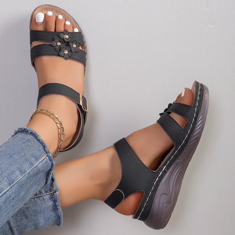 2024 Summer Plus Size Women's Wedge Sandals with Hollow Flower Design and Thick Sole.