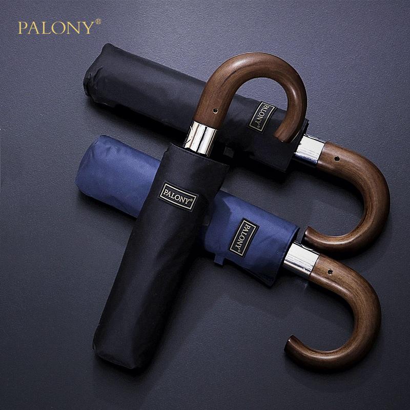 PALONY Solid Wood Handle Windproof Men's Umbrella - Extra Large, Automatic, Sun & Rain Protection, Three-Fold Design