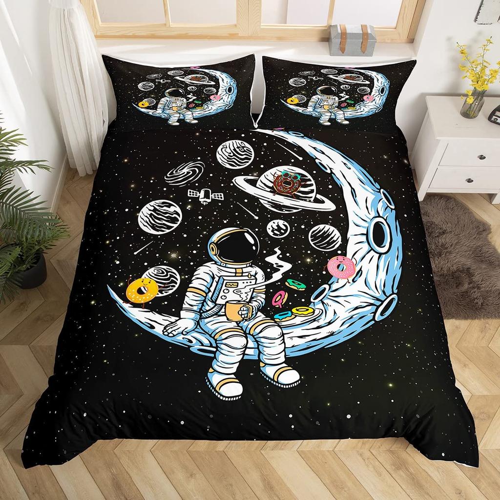 Cartoon Astronaut Duvet Cover Set Moon Clouds Starry Sky Quilt Cover Microfiber Galaxy Bedding Set Twin King For Boys Girls Gift