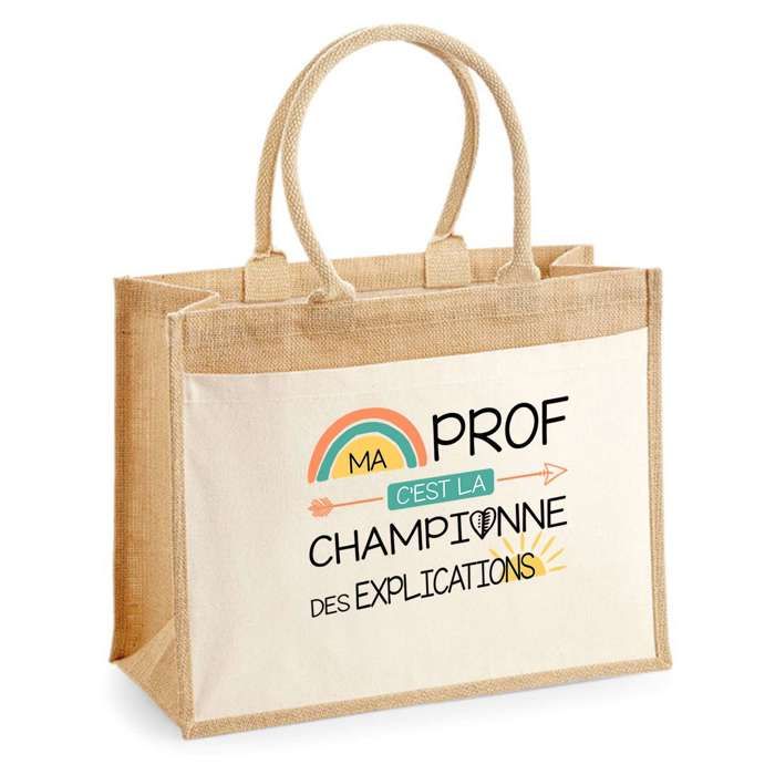 Sac jute avec poche Prof Championne des Explications Collègue Cadeau Anniversaire Noël Original Femme Cabas | Sac de course shopping