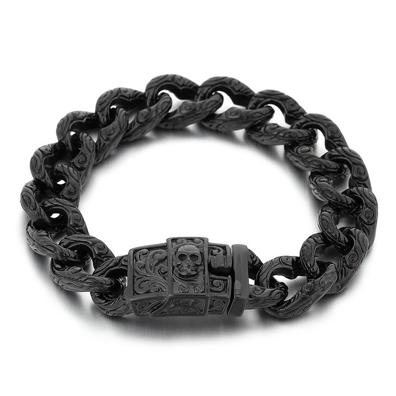 KALEN 220mm Men Punk Black Stainless Steel Skull Charms Cuban Links Bracelet 22 CM&Punk