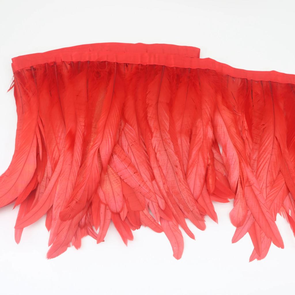 10Meters Colored Rooster Tail Feather Tassel Trim 25-30cm Dyed Cock Plumes Ribbon for Wedding Party Dress Skirt Craft Accessory