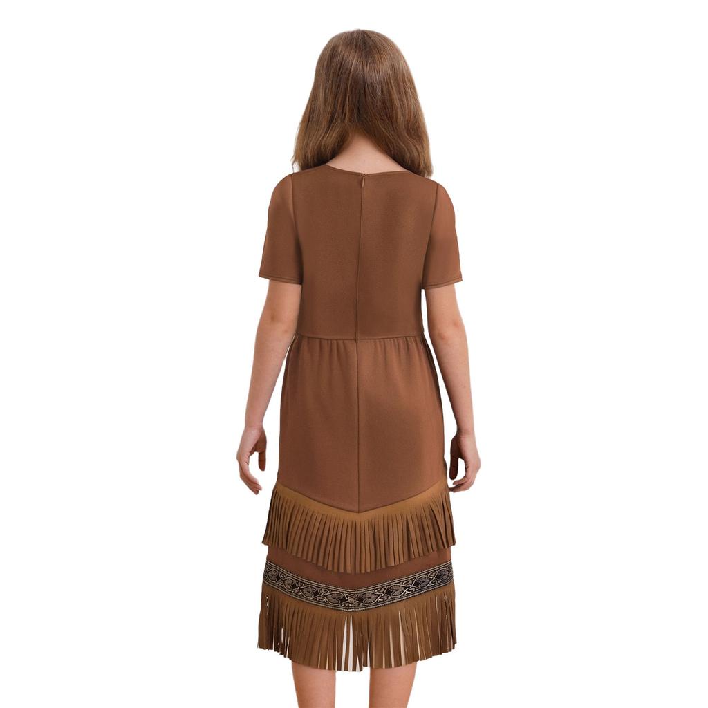 Girls Fringe Hem Dress Double Layer Tassel Decoration Round Neck Short Sleeve Chest Fringes Party Costume