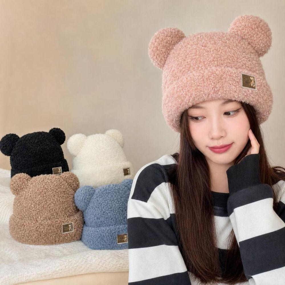 Cute Bear Ear Plush Beanie Hat Solid Color Winter Beanie Cap Knitted Warm Cap  Outdoor Activities