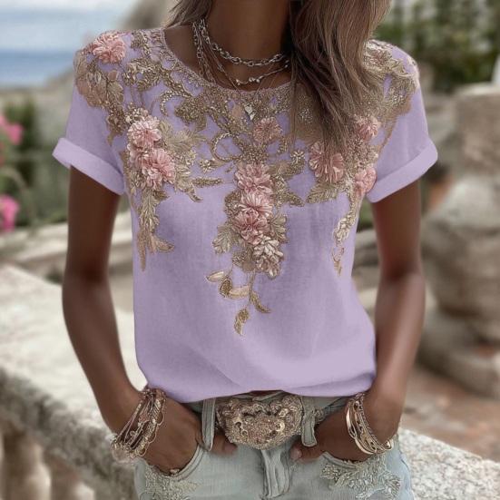 Women Tops Round Neck Short Sleeve Pullover Tops Loose Fit Faux Pearls 3D Floral Decor Sun Protection Lightweight Casual Summer Tops