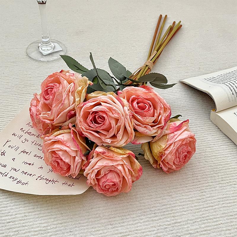43CM 7-piece Tied Roasted Edge Rose Artificial Bouquet High-end Home Soft Decoration Floral Ornaments
