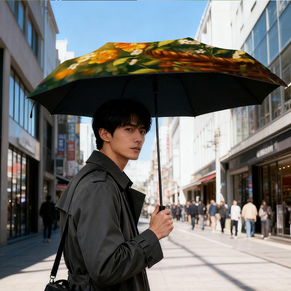 1pc Women's Automatic Umbrella with Self-Opening Button, 8-Rib Heavy-Duty Frame & -Inspired Cherry Blossom/Gardenia Floral Pri