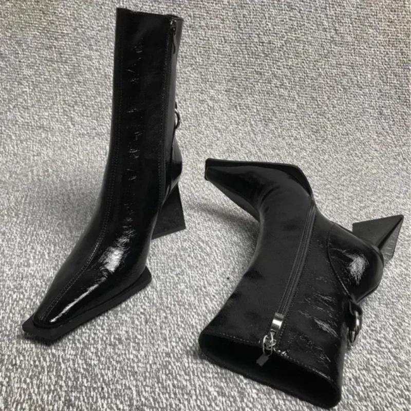 2024 Autumn New Small Square Head Thick High Heel Short Boots Riding Boots High Heels Fashion Boots Shaped Triangle Heel 35-40