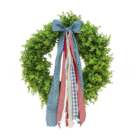 

4th of July Wreath with Handmade Red White Blue Burlap Bow Artificial Eucalyptus Door Decor for Independence Day Patriotic Summer Ornament for Home зелёный