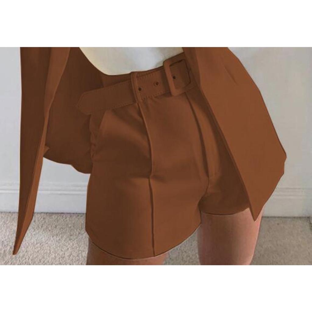 Women's Slim Fit Two Piece Suit Lapel Long Sleeve Blazer High Waist Belted Short Co-ord Outfit Set