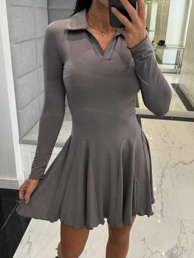 Elegant Autumn Lapel Long Sleeve High Waist Ruffle Hem Slim Pleated Short Comfortable Lightweight Recognition Elegant with Flattering Chic Dress