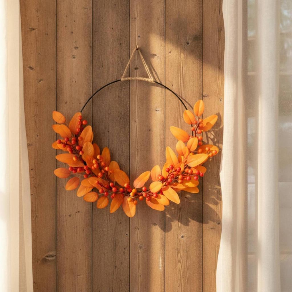 HalfWreath Artificial Wreath with Metal Hoop Seasonal Decor for Door, Thanksgiving, Entryway