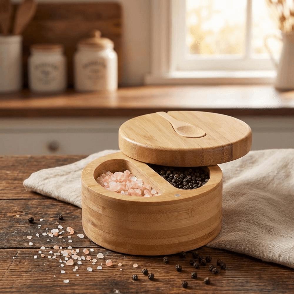 Multifunctional Wood Spice Box Swivel Lid Kitchen Condiment Pots  Kitchen Organizer