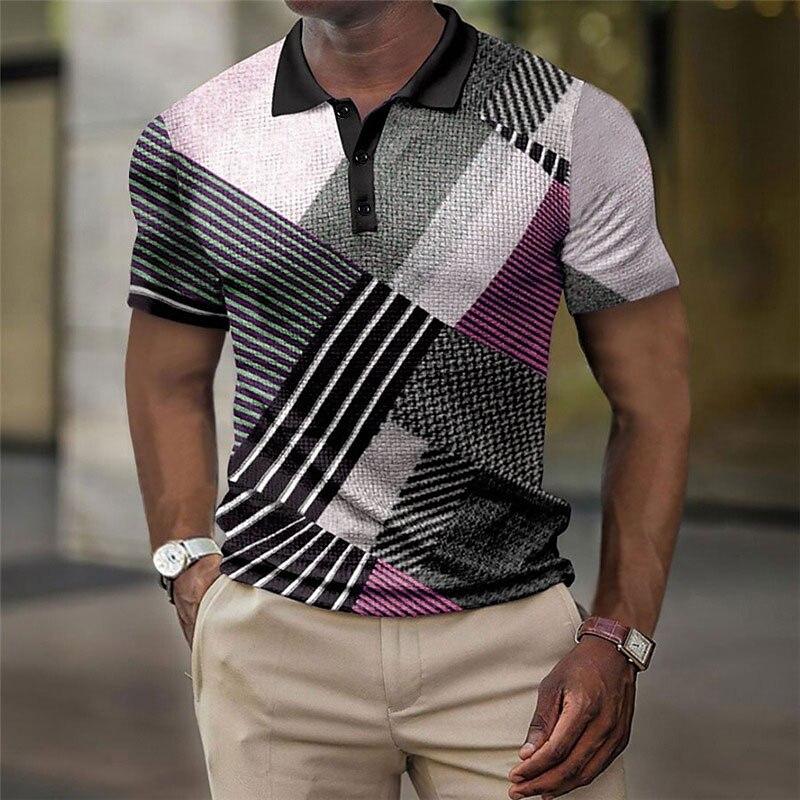 Geometric Grid and Stripe Splicing 3D Digital Printing Men's Comfortable Polo Shirt