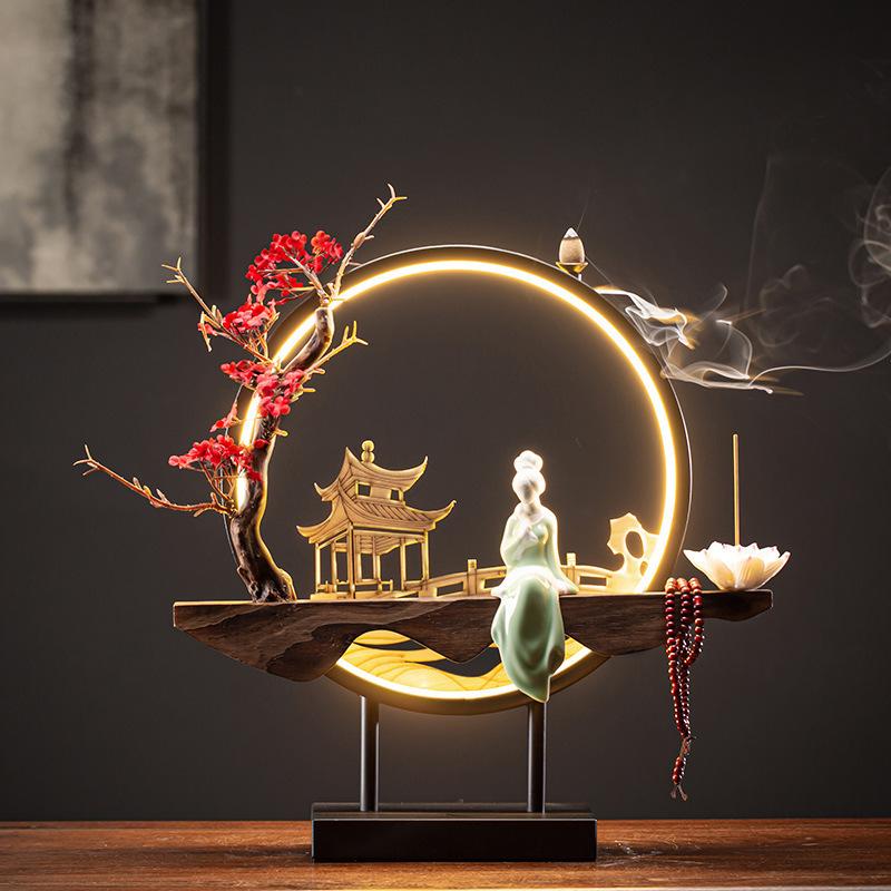 Großer chinesischer Rückfluss-Räucherbrenner mit USB-LED-Lichtring Nette Dame Keramik Heimdeko Ornamente Kiefer Zypresse