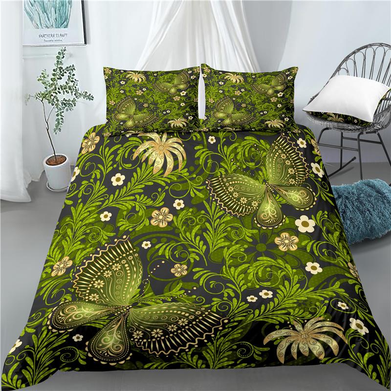 Butterfly King/Queen Size Bedding Sets for Women Golden Butterfly Black Duvet Cover Flower Butterflies Polyester Quilt Cover