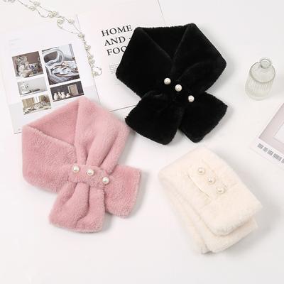 Winter Three Pearls Plush Scarf For Women Cute Thickened Warm Faux Fur Cross Scarves Girls Soft Neck Ring Scarf Korean Style New